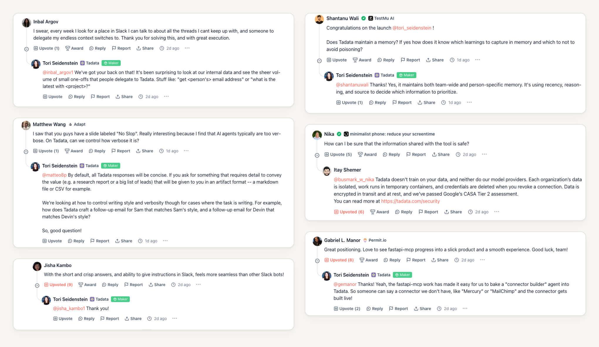 Collage of comments on Tadata's Product Hunt launch