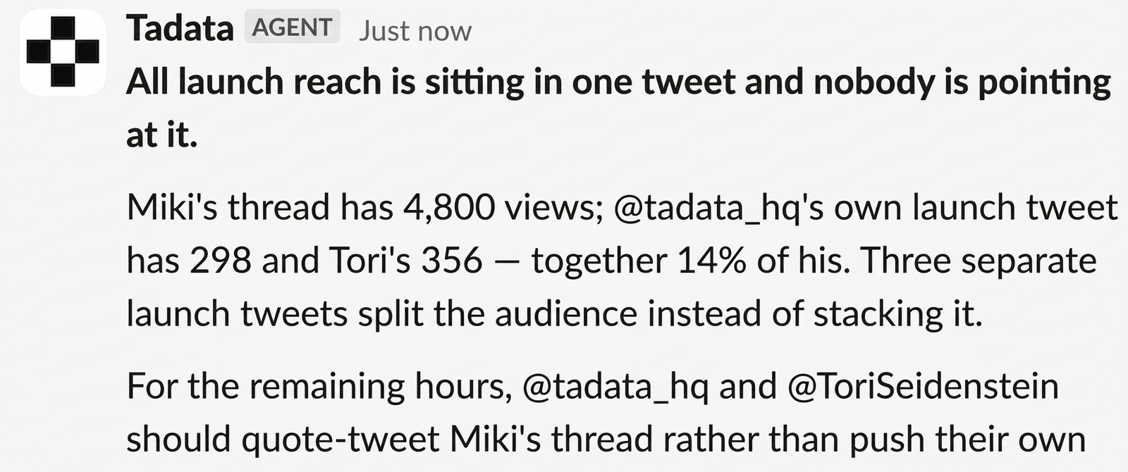 One of our launch-day social posts that Tadata flagged as outperforming the others
